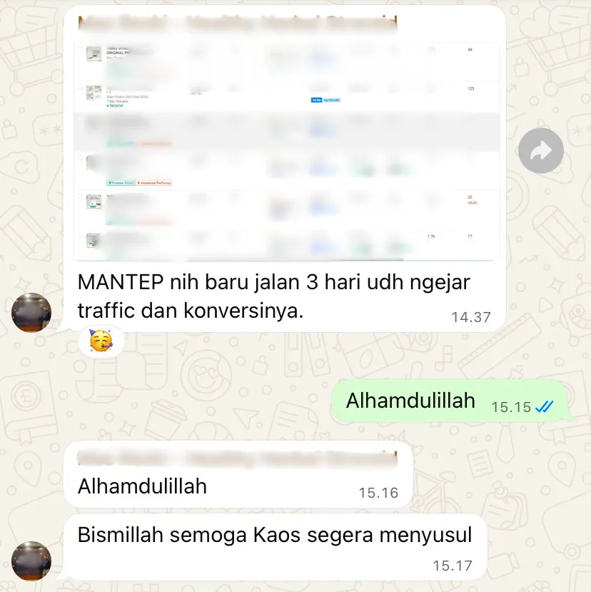 WhatsApp message from a Tijarah Media client thrilled their ads were already driving traffic and conversions after just three days